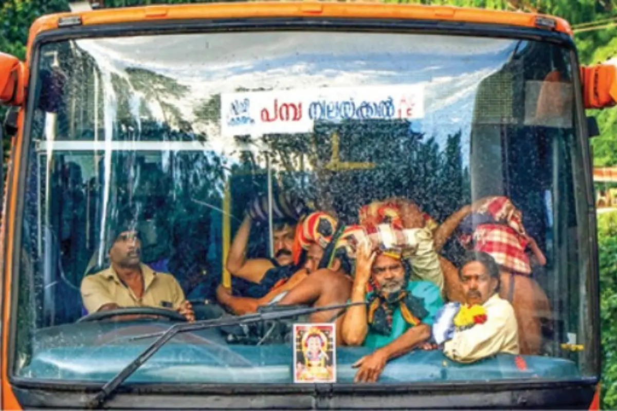 A KSRTC bus carries pilgrims on the Nilakkal-Pampa route during the Sabarimala pilgrimage