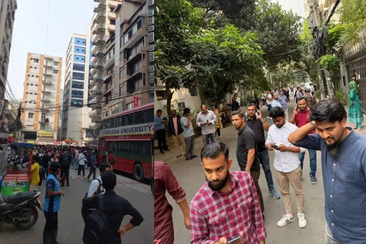 People take to the streets after tremors from a 5.5-magnitude earthquake in Bangladesh.