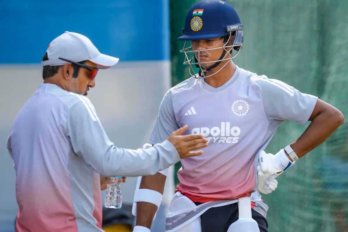 Yashasvi Jaiswal with head coach Gautam Gambhir during a training session ahead of the second Test cricket match between India and South Africa, at ACA Stadium, Barsapara in Guwahati. (PTI Photo/Shahbaz Khan)