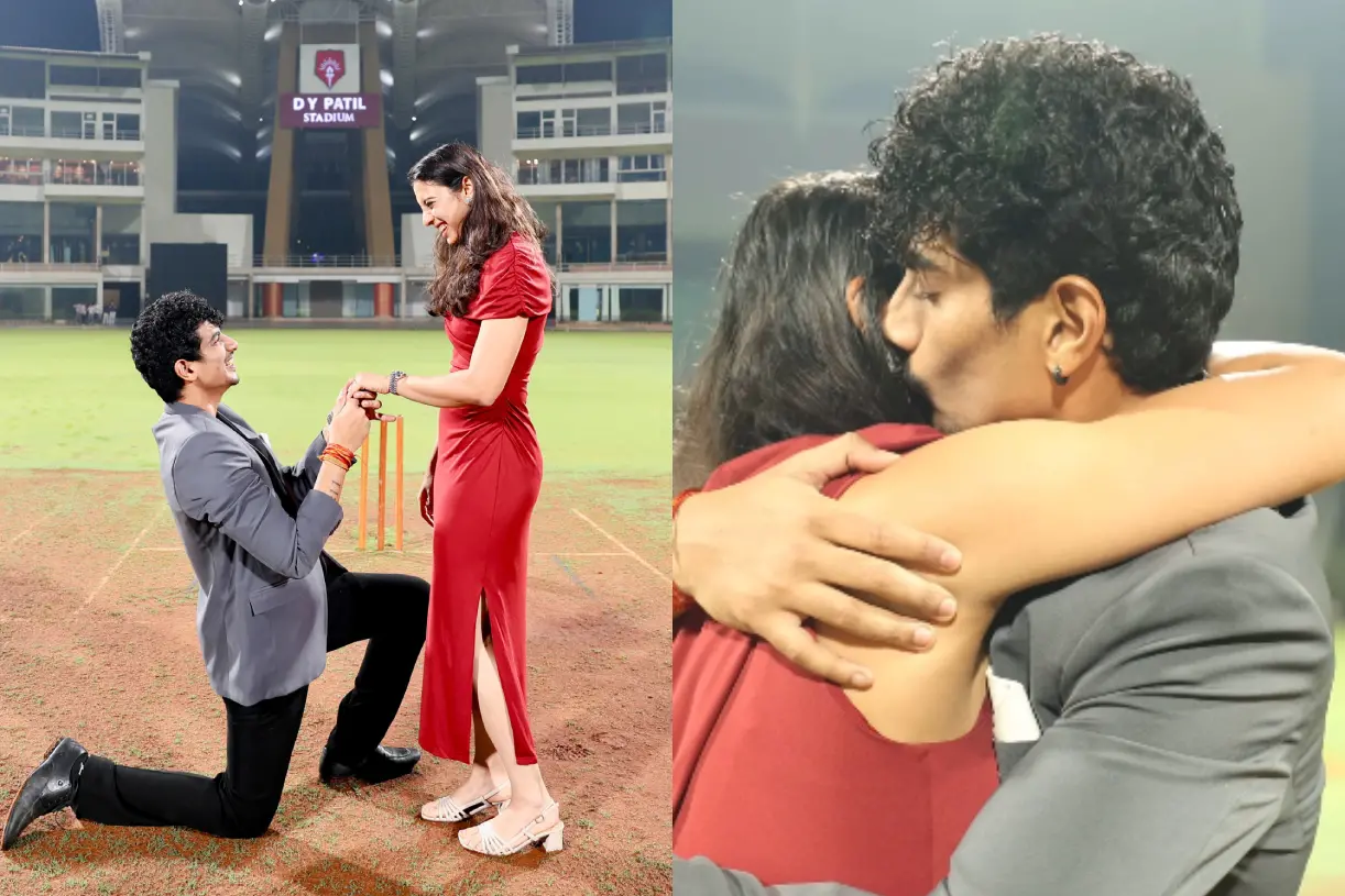 സ്മൃതി മന്ദാനയോട് വിവാഹാഭ്യർഥന നടത്തുന്ന പലാഷ് മുഛൽ, ഇതിന് ശേഷം ഇരുവരും ആലിംഗനം ചെയ്യുന്നു | Photos: instagram.com/palash_muchhal