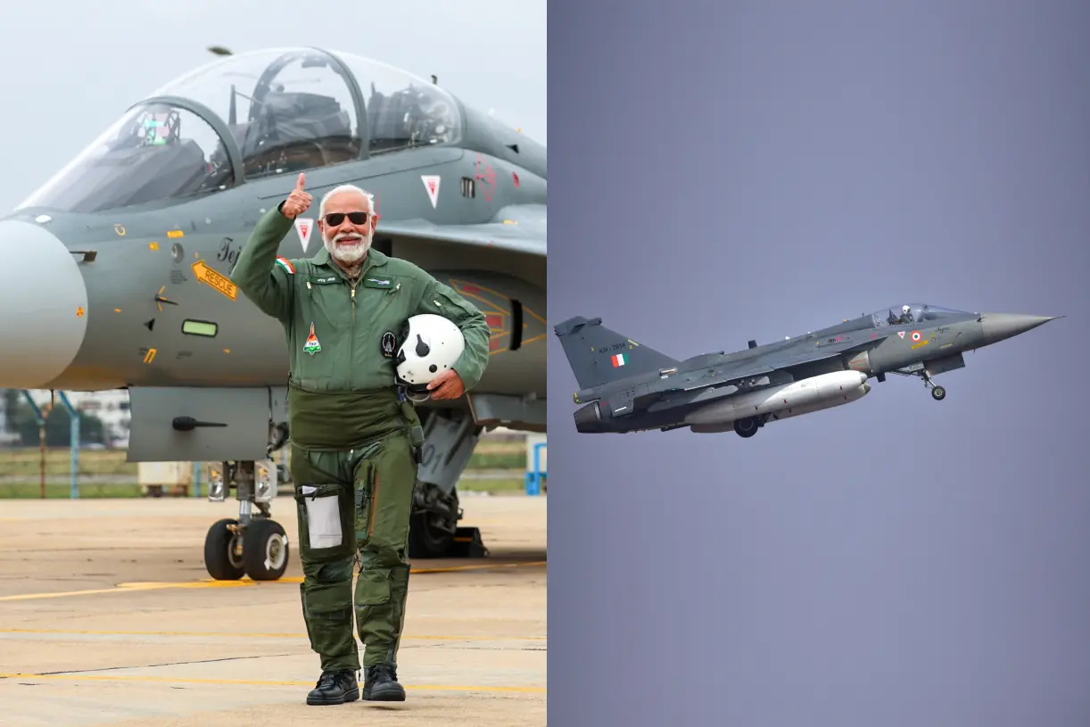 പ്രധാനമന്ത്രി നരേന്ദ്രമോദി 2023-ൽ തേജസ് വിമാനത്തിൽ പറക്കാനായി എത്തിയപ്പോൾ, തേജസ് യുദ്ധവിമാനം | Photos: PTI, ANI