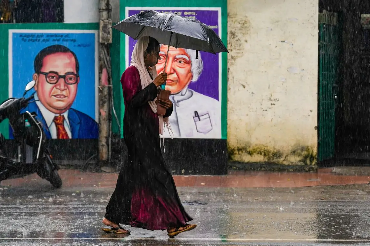 A woman takes cover under an umbrella as rain lashes the city, in Chennai (Photo: PTI)