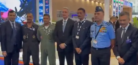 Deceased pilot Namansh Syal (2nd from left) posing for a photo at Dubai Airshow before the tragic crash | (X/@manaman_chhina)