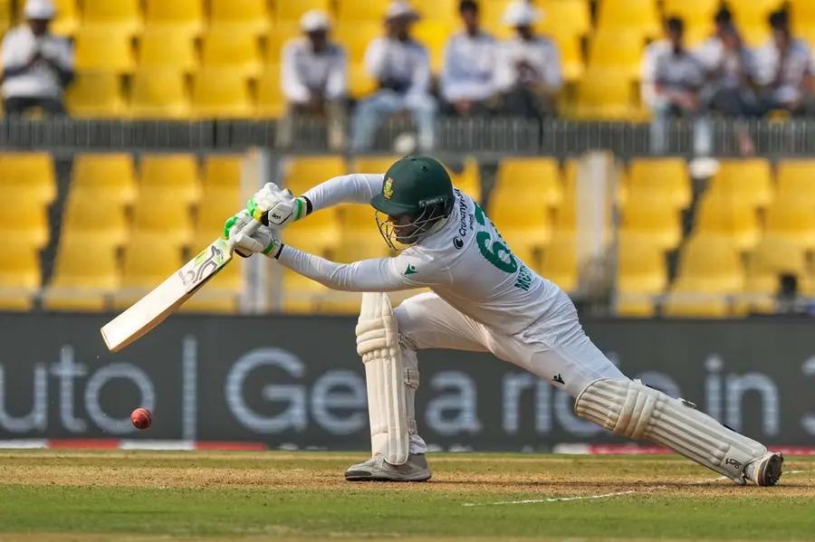 South Africa's Senuran Muthusamy plays a shot on the second day of the second cricket test match between India and South Africa