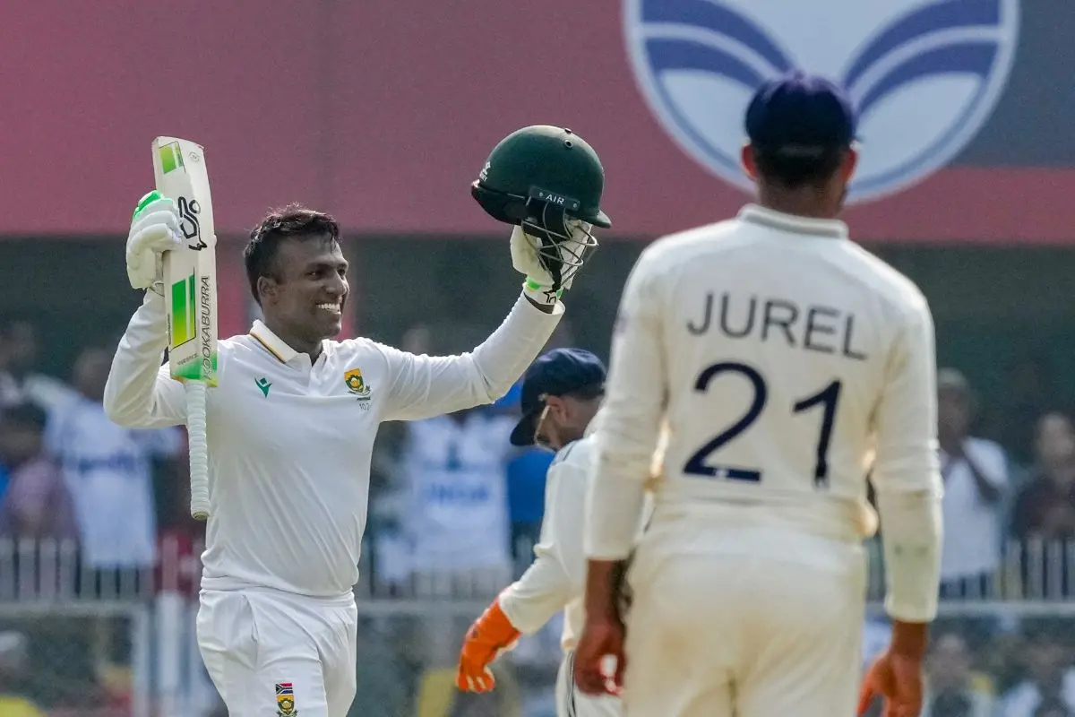 South Africa's Senuran Muthusamy celebrates his century during the day two of the second Test.  (PTI Photo/Shahbaz Khan)