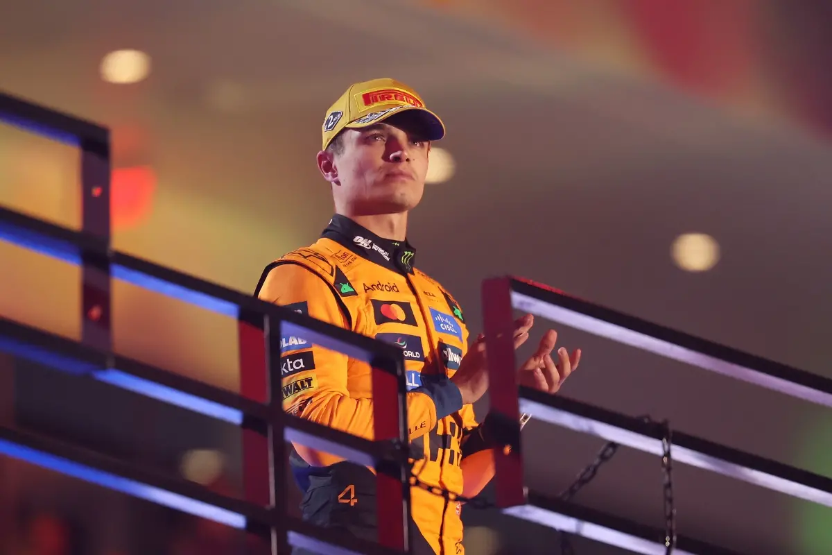 Second placed Lando Norris of Great Britain and McLaren on the podium during the F1 Grand Prix of Las Vegas | Photo: Hector Vivas/Getty Images