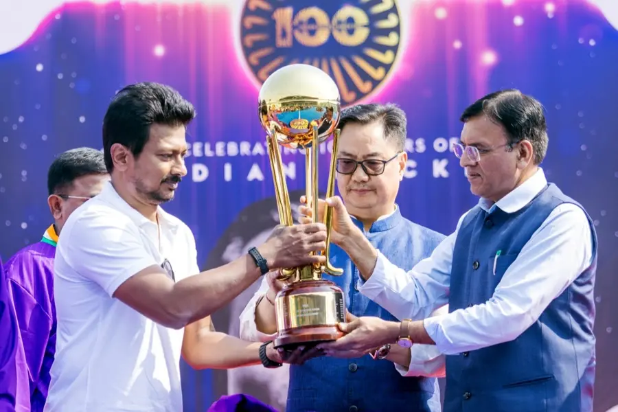 Union Minister Mansukh Mandaviya with Tamil Nadu Deputy Chief Minister Udhayanidhi Stalin introduces the trophy for the upcoming FIH Hockey Men's Junior World Cup 2025.