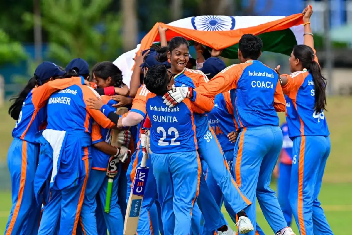Indian women's blind cricket team celebrates after lifting the inaugural Blind Women's T20 World Cup trophy following a dominant win over Nepal in Colombo. Photo: X