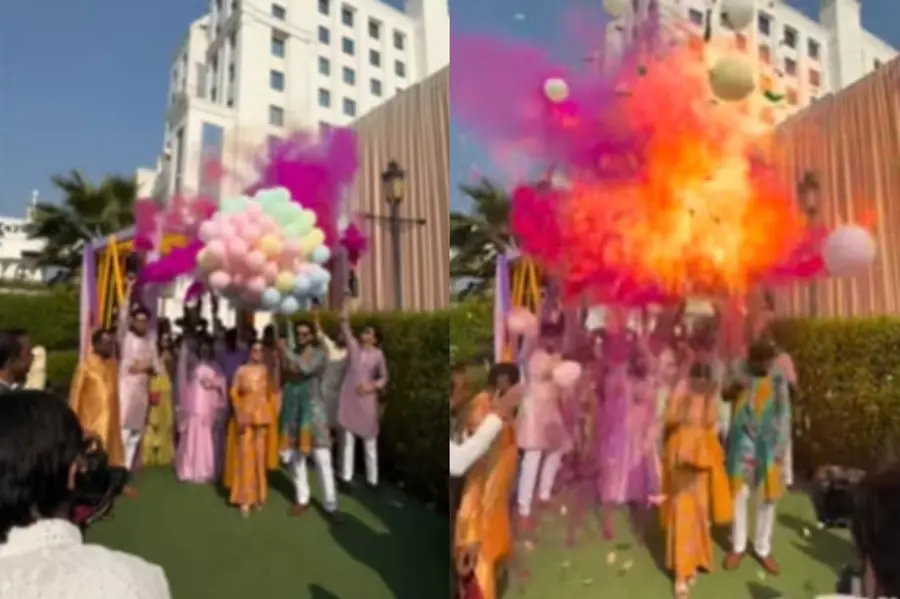 Bride and groom suffer burns as hydrogen balloons explode during a Haldi ceremony grand entry.