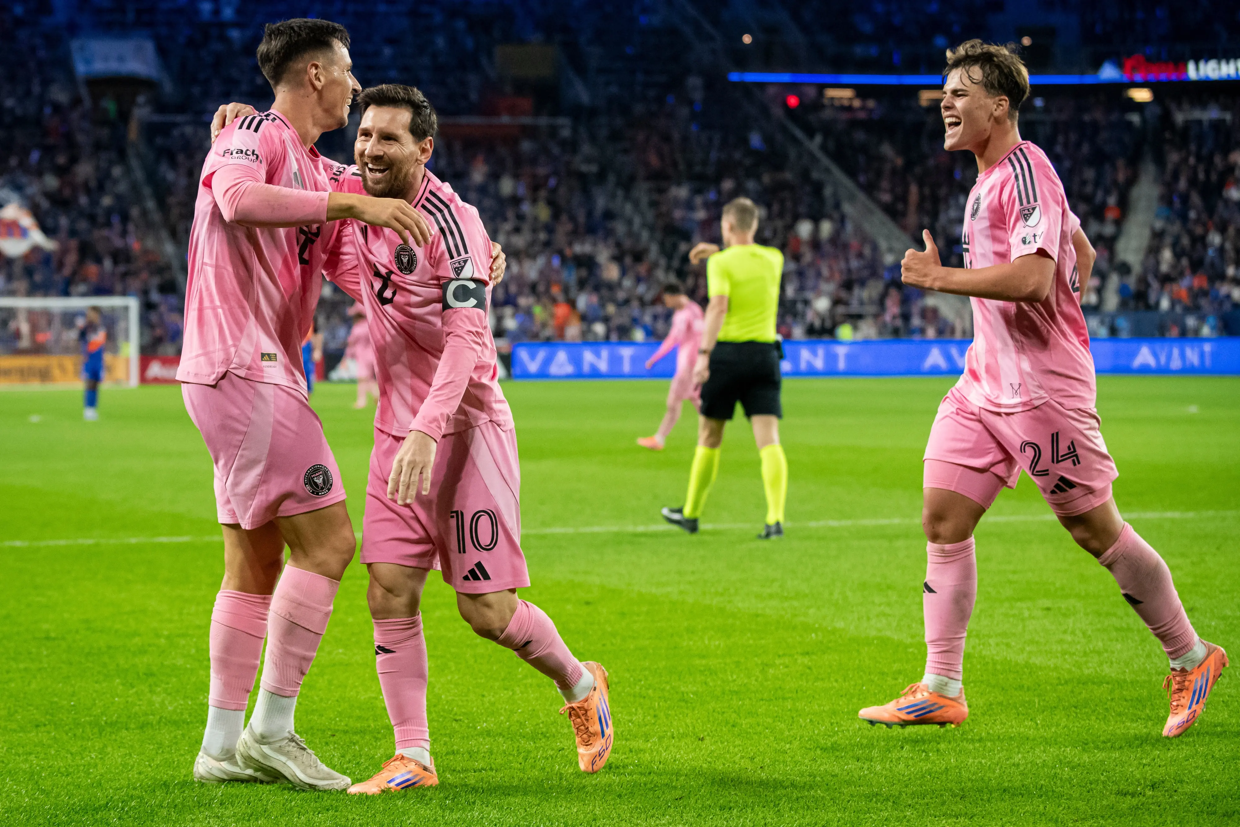 Inter Miami forward Tadeo Allende, left, celebrates with forward Lionel Messi (10) and defender Julian Gressel (24) | AP
