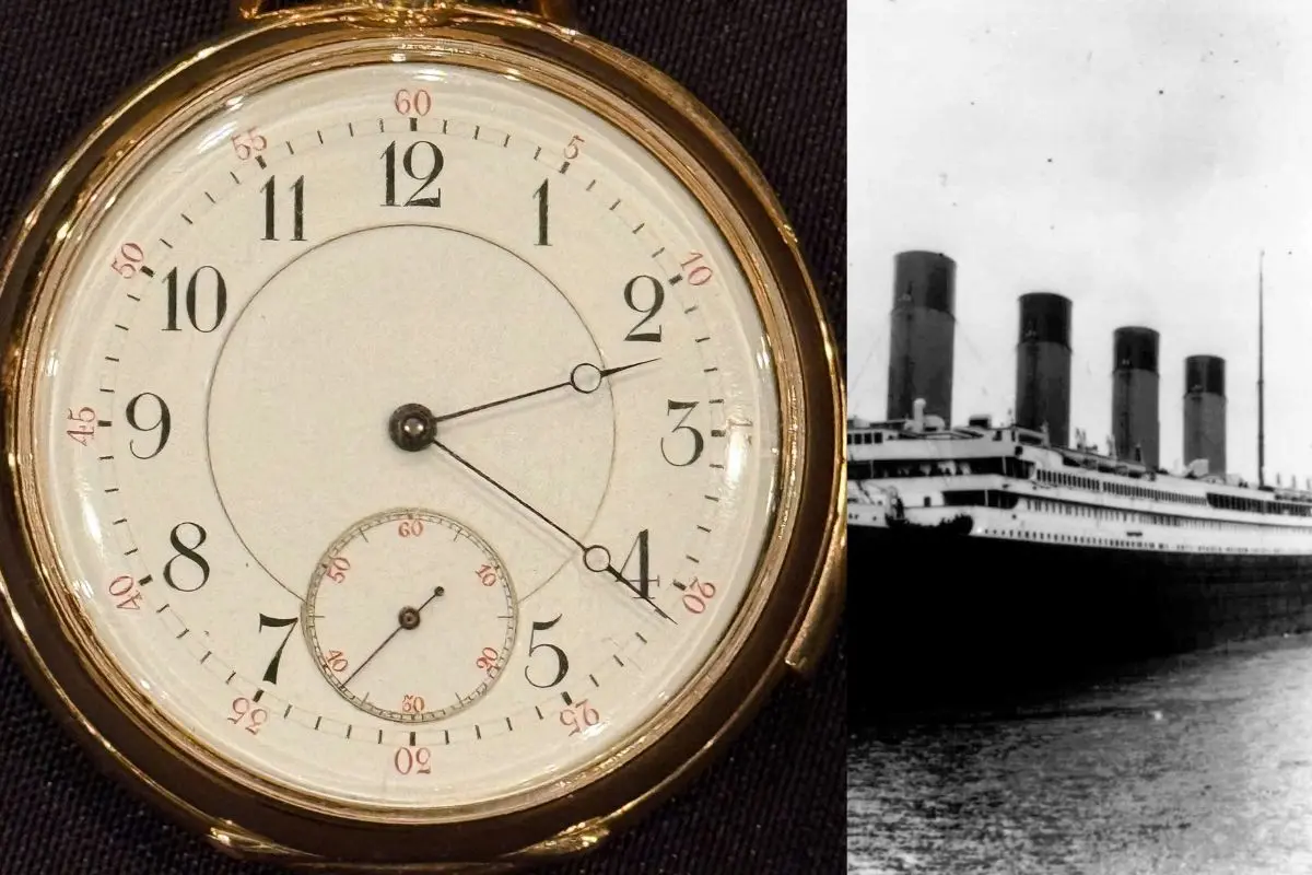 The pocket watch stopped at the moment the Titanic disappeared beneath the waves, black and white picture of the ship in 1912 (Photo: X, AP)