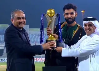 Mohsin Naqvi handing over the trophy to Pakistan Shaheens captain Irfan Khan | Photo: X video screeengrab