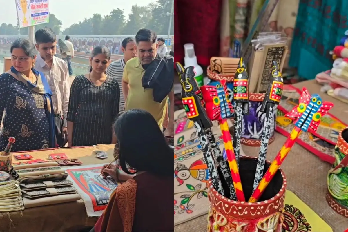 Mithila artist Siddhita Mishra showcases her hand-painted Madhubani work at the International Gita Mahotsav in Kurukshetra. Photos: X