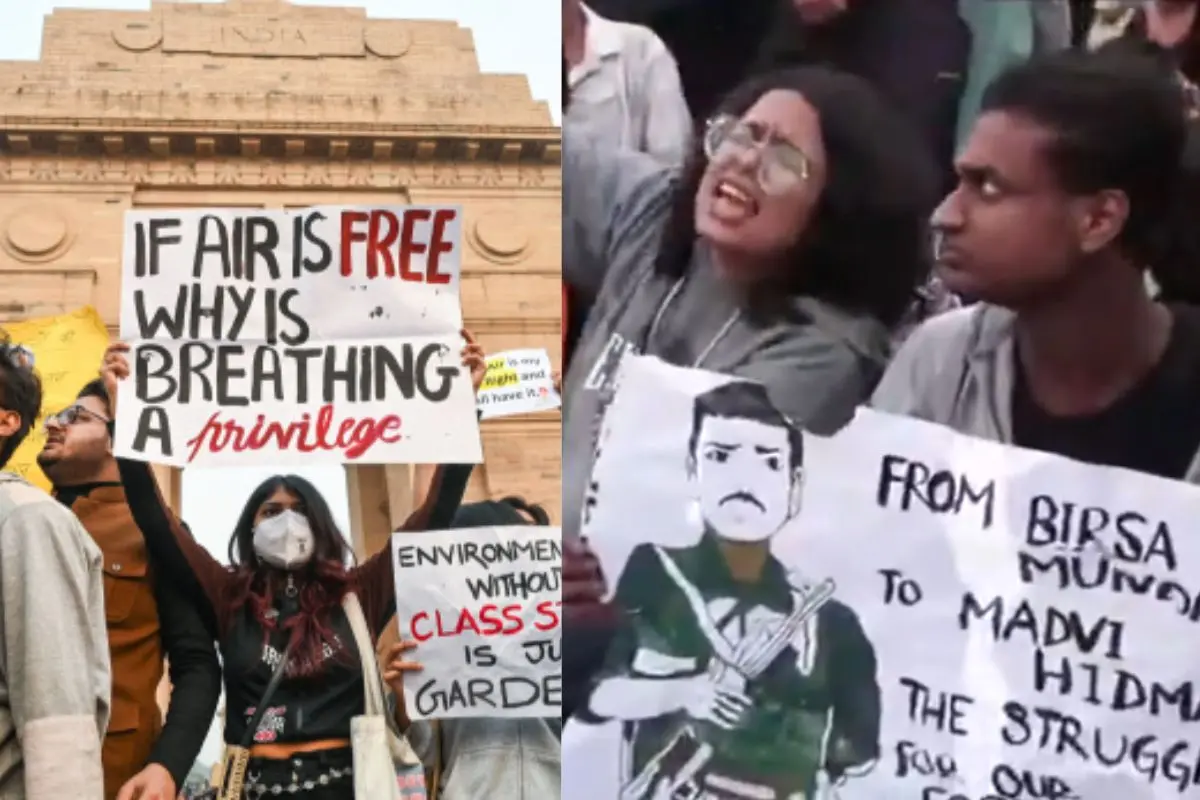 People stage a protest against rising air pollution