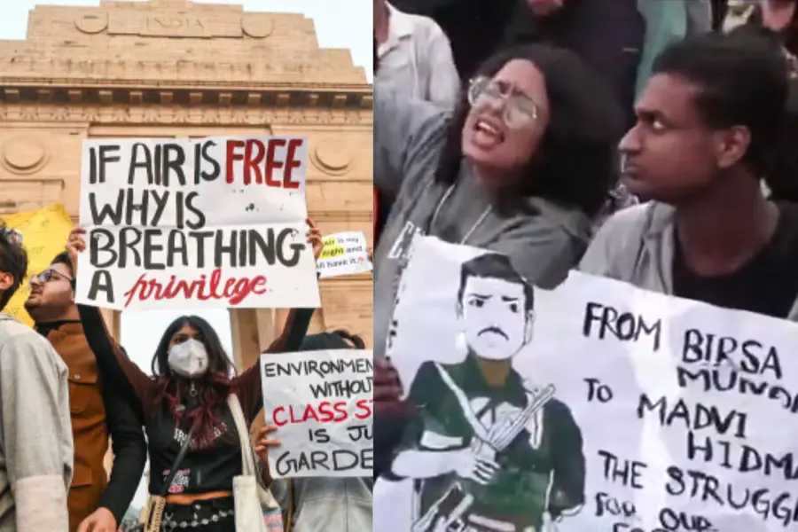 People stage a protest against rising air pollution
