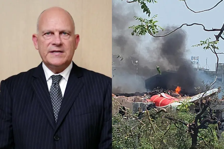 Air India CEO Campbell Wilson and\u00A0site where an Air India plane from Ahmedabad to Gatwick, crashed immediately after takeoff