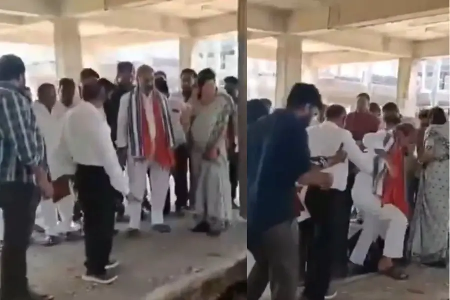 Telangana MLA Adi Srinivas and district officials inspect the Vemulawada housing project after a basement collapse, narrowly escaping injury.