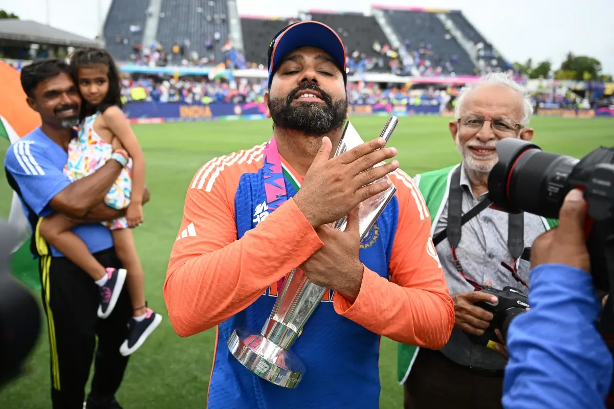 File Photo:Rohit Sharma celebrate with the ICC Men's T20 Cricket World Cup following the ICC Men's T20 Cricket World Cup 2024 | Gareth Copley/Getty Images