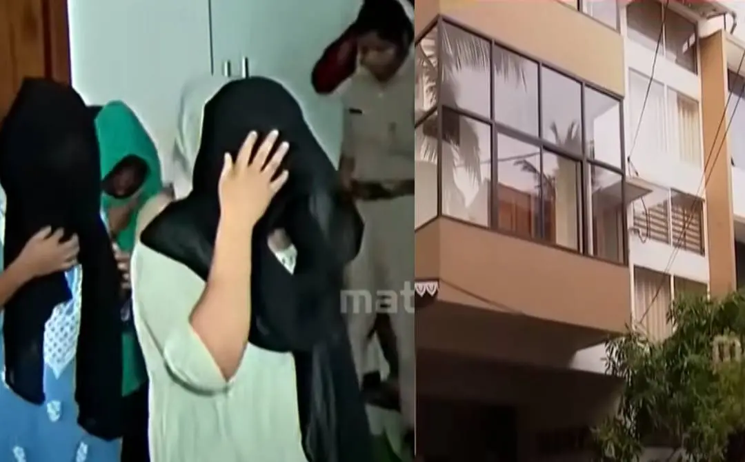 പെണ്വാണിഭകേന്ദ്രത്തില്നിന്ന് പിടിയിലായവരും പെണ്വാണിഭകേന്ദ്രം പ്രവര്ത്തിച്ചിരുന്ന അപ്പാര്ട്ട്മെന്റും | Screengrab: Mathrubhumi News