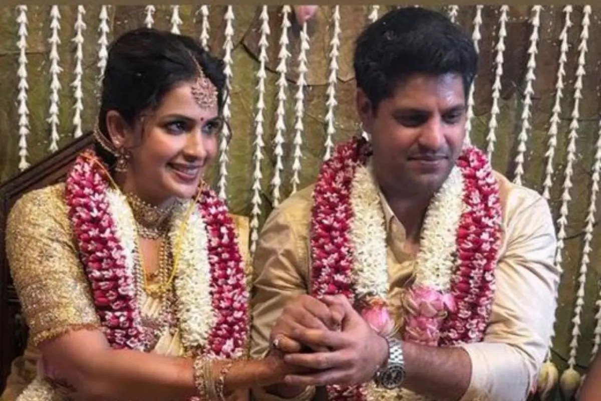Samyuktha Shanmuganathan and Anirudha Srikkanth share a joyful moment during their intimate wedding ceremony in Chennai. Photo: X
