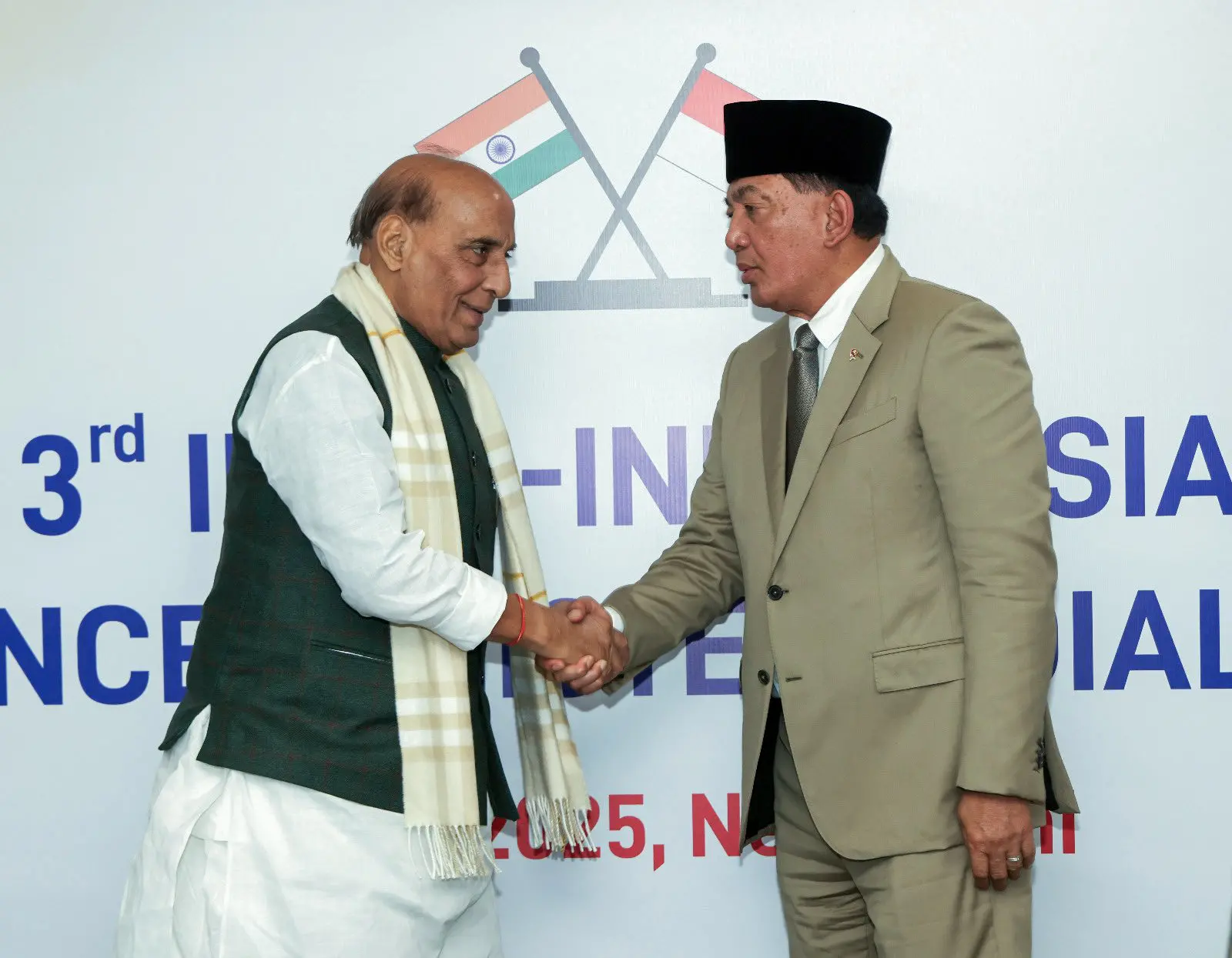 Defence Minister Rajnath Singh shakes hands with Indonesia's Defence Minister Sjafrie Sjamsoeddin during the 3rd India-Indonesia Defence Ministers' Dialogue at Sushma Swaraj Bhawan in New Delhi on Thursday.| Photo: ANI