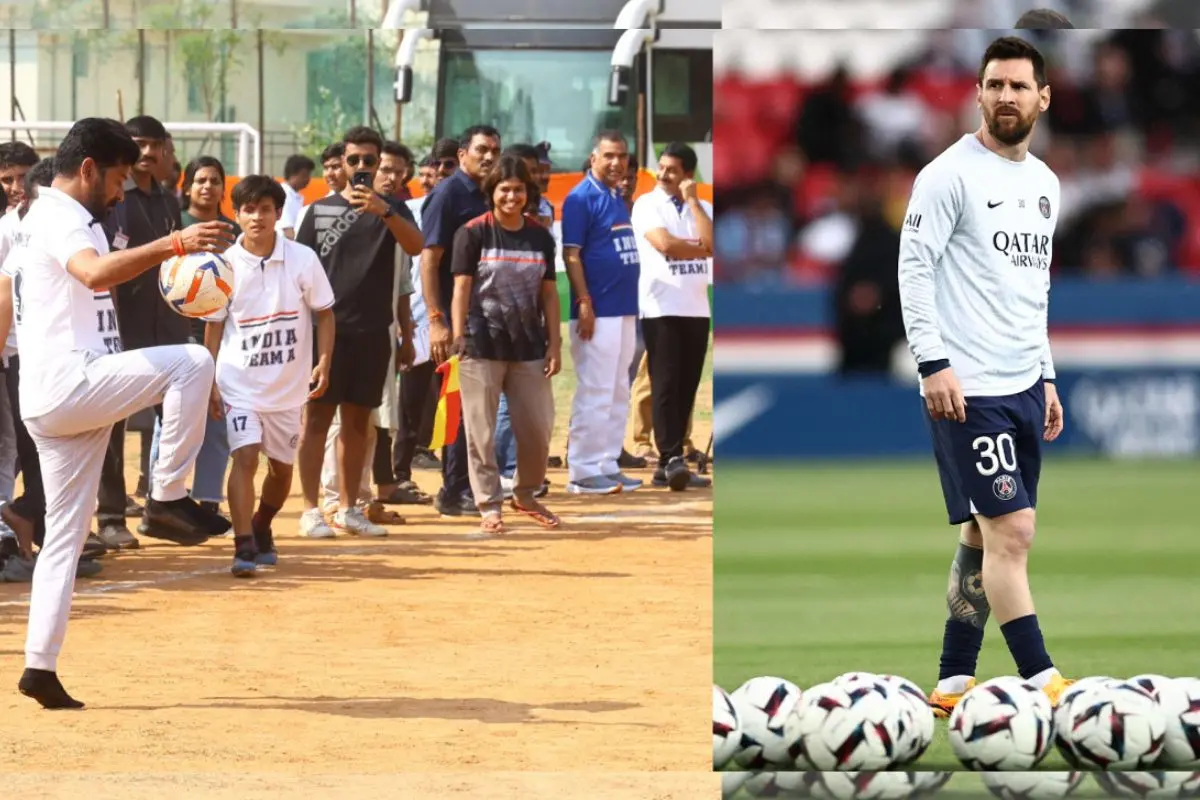 From (L) Telangana CM playing football at UOH; Lionel Messi | Photos: X/AFP