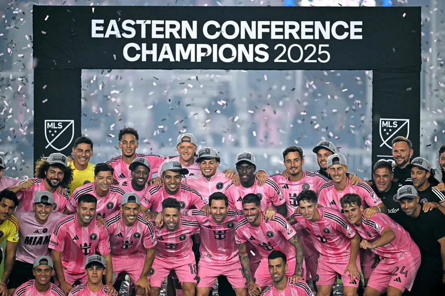 Lionel Messi (C) celebrates after his team's victory in the Major League Soccer (MLS) Eastern Conference final football match between Inter Miami and New York City FC