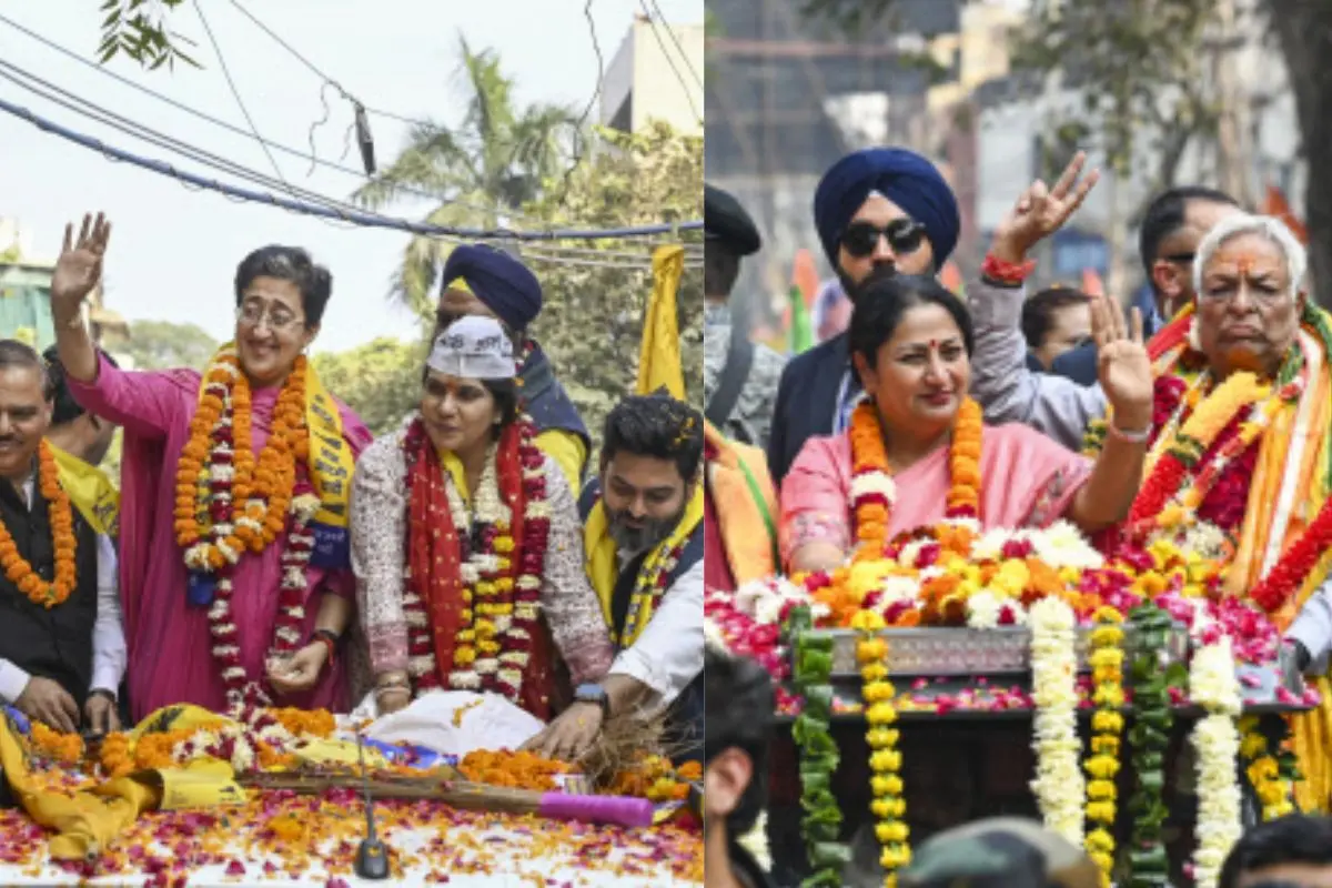 Former Delhi chief minister Atishi during a roadshow at Shalimar Bagh constituency, Delhi Chief Minister Rekha Gupta during a roadshow in support of BJP candidate from Chandni Chowk seat, Suman Kumar Gupta