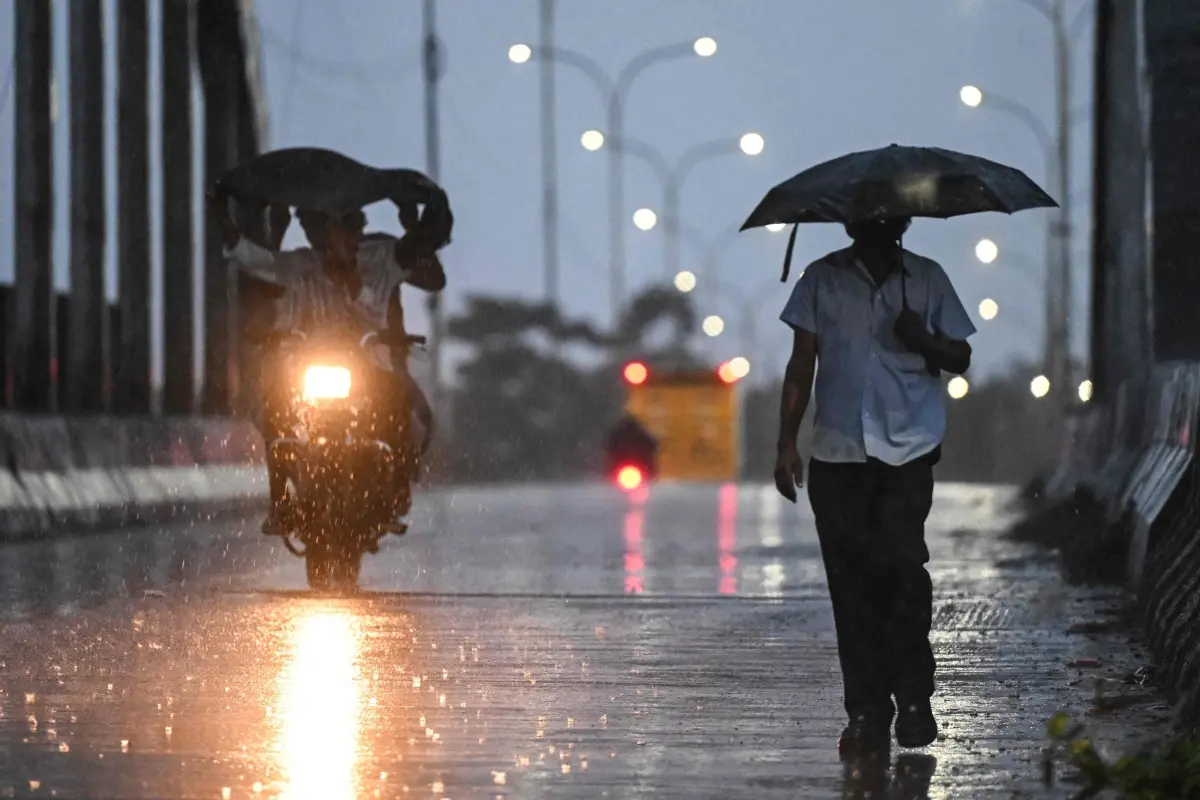 Pedestrian carries an umbrella during rainfall