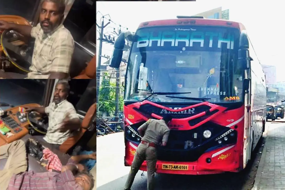 മദ്യപിച്ച് വാഹനമോചിട്ട ഡ്രൈവറും മോട്ടോര് വാഹന വകുപ്പ് പിടിച്ചെടുത്ത ബസും | Photo: Social Media
