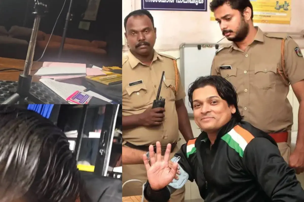 Rahul Easwar hiding his laptop; When police brought him at Thiruvananthapuram General Hospital for medical examination | Screengrab: Mathrubhumi News