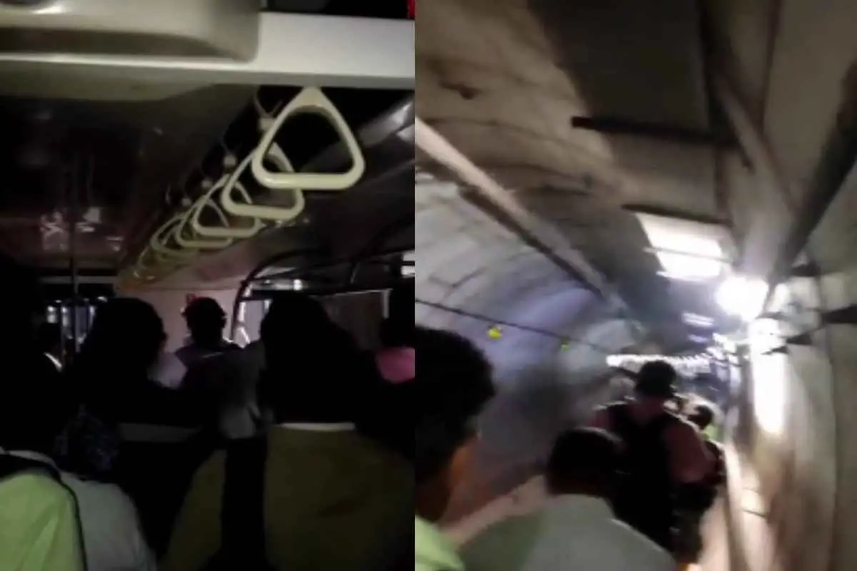 ട്രെയിനിലെ വൈദ്യുതിനിലച്ചപ്പോൾ യാത്രക്കാര് പകര്ത്തിയ ദൃശ്യം(ഇടത്ത്) യാത്രക്കാര് തുരങ്കത്തിലൂടെ സ്റ്റേഷനിലേക്ക് നടക്കുന്നു(വലത്ത്) | Screengrab: x.com/PTI_News & x.com/abpnadu