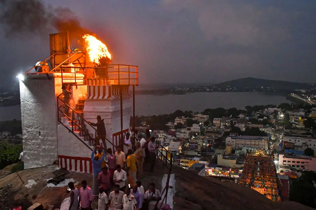 A lamp lit at Thiruparankundram temple as part of 'Karthigai Deepam' festival celebrations, in Madurai district, Tamil Nadu, Wednesday, Dec. 3, 2025. (PTI Photo)