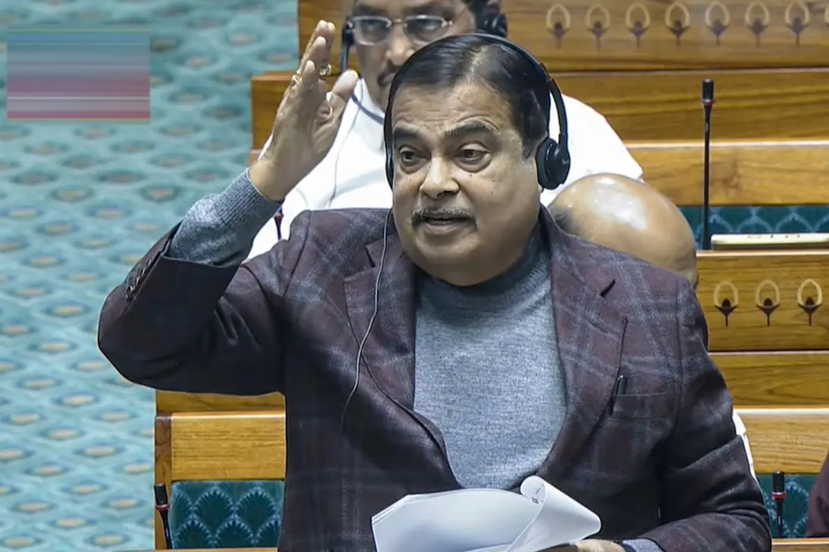 Union Minister Nitin Gadkari speaks in the Lok Sabha during the Winter session of Parliament, in New Delhi, Thursday, Dec. 4, 2025. (Sansad TV via PTI Photo)
