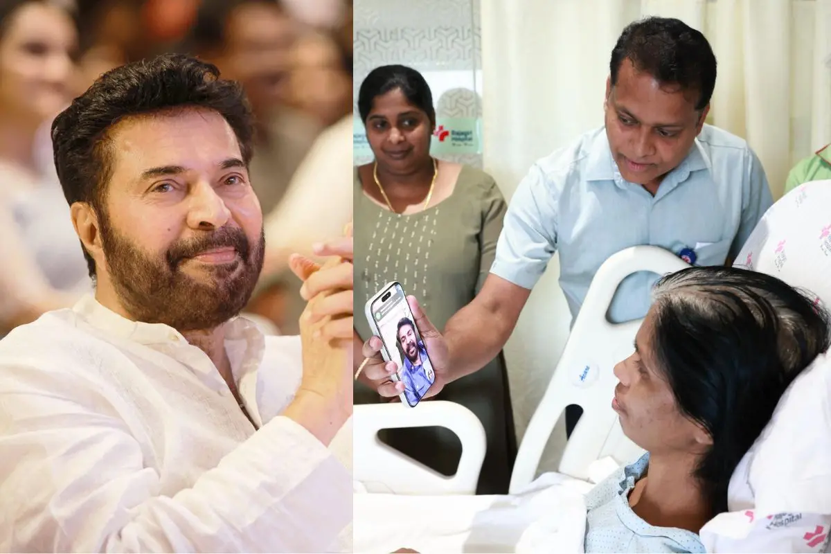 മമ്മൂട്ടി, അടിമാലി കൂമ്പൻപാറയിലുണ്ടായ മണ്ണിടിച്ചിലില്‍ ഗുരുതരമായി പരിക്കേറ്റ് ആലുവ രാജഗിരി ആശുപത്രിയിൽ ചികിത്സയിൽ കഴിയുന്ന സന്ധ്യയുമായി വീഡിയോ കോളിൽ സംസാരിക്കുന്ന നടൻ മമ്മൂട്ടി. രാജഗിരി ആശുപത്രി വൈസ് പ്രസിഡന്റ്(ഹെൽത്ത് കെയർ പ്രമോഷൻസ്) ജോസ് പോൾ സമീപം | ഫോട്ടോ: Facebook, അറേഞ്ച്ഡ്