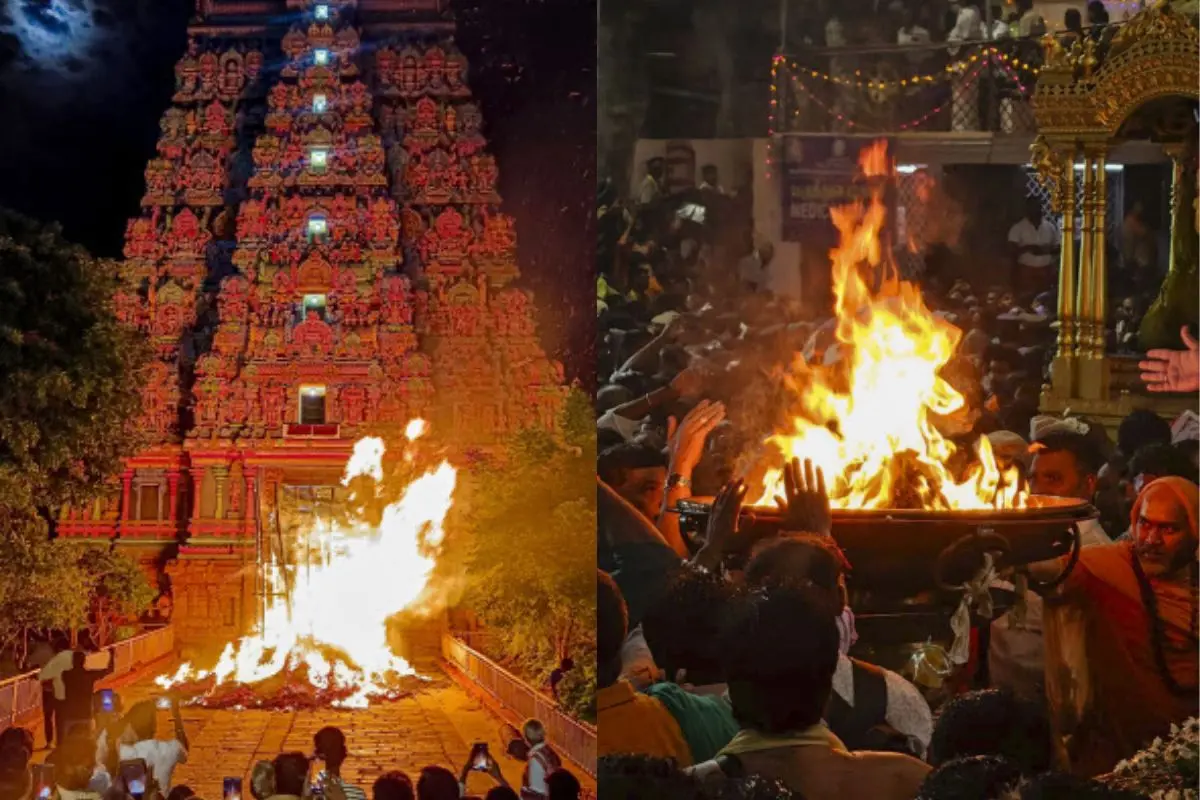 A 'sokkapan' (a ritual fire) lit on the occasion of the 'Karthigai Deepam' festival, at Arulmigu Jambukeswarar Akilandeswari Temple in Tamil Nadu | Photo: PTI