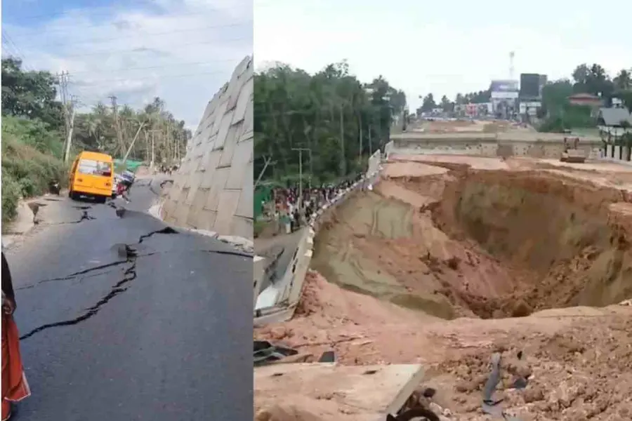 ദുരന്തം ഒഴിവായത് തലനാരിഴയ്ക്ക്; സ്കൂള് ബസ്സടക്കം കുടുങ്ങി, റോഡ് വിണ്ടുകീറി, അടിയന്തര അന്വേഷണത്തിന് ഉത്തരവ്