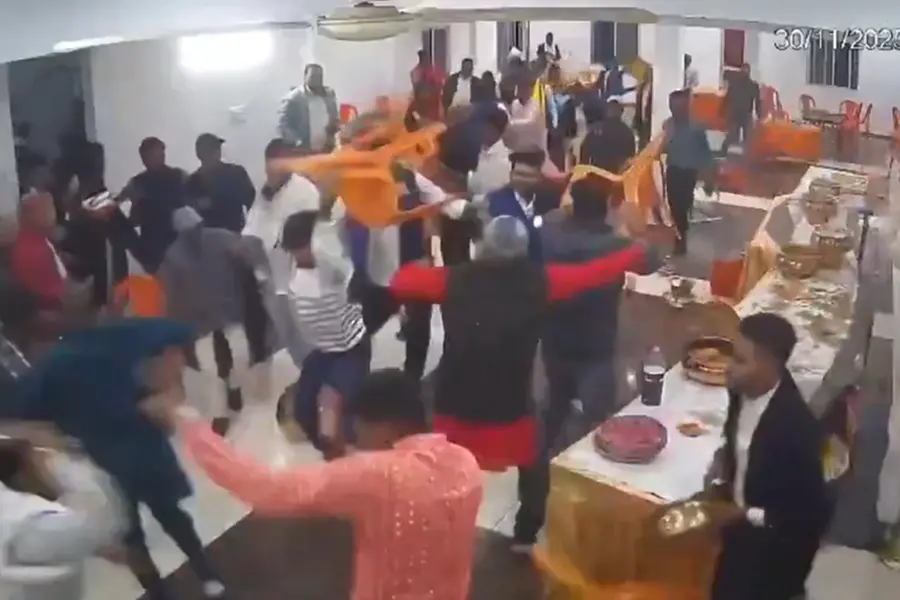 CCTV footage of a massive brawl at a wedding reception in Bodh Gaya, Bihar, triggered by the exhaustion of the Rasgulla sweet dish