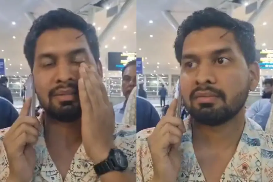 Indigo flight passenger emotionally pleading with a staff member not to be fired, due to flight cancellations and delays