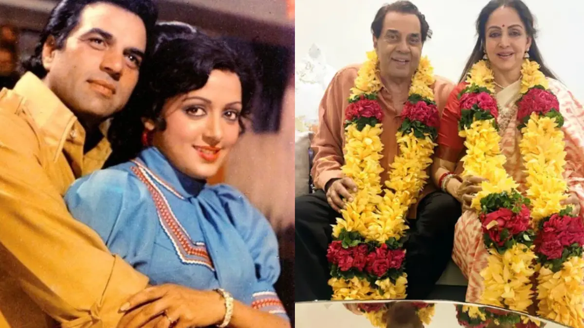 On the left: Old film poster featuring Dharmendra and Hema Malini, alongside the couple's recent picture | Photos: X/Agencies