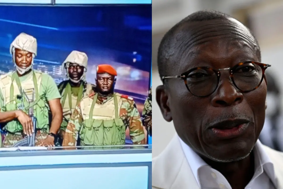 A visual showing alleged soldiers at Benin's state TV, President Patrice Talon