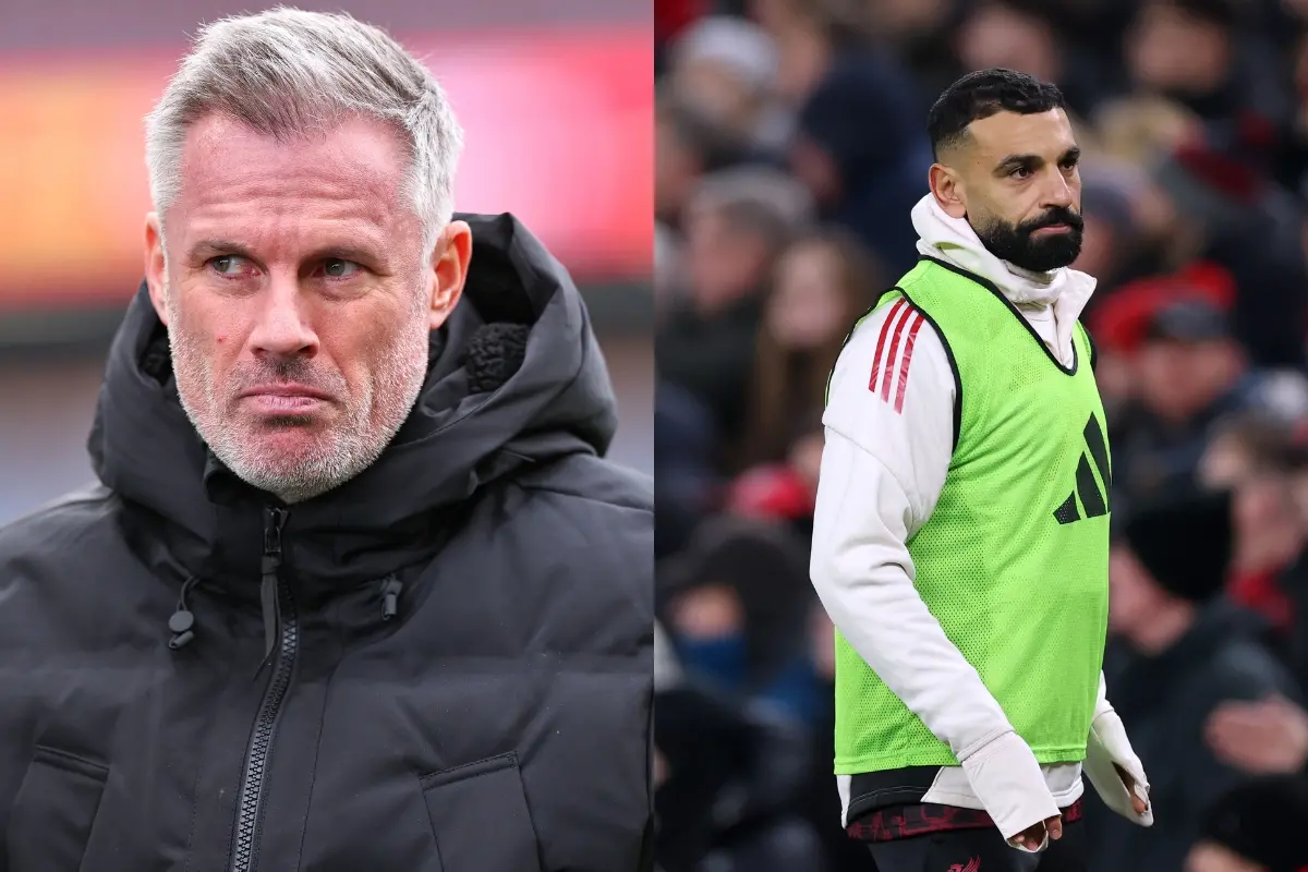 Jamie Carragher (L) Mohamed Salah | Photo: AMA and Carl Recine/Getty Images