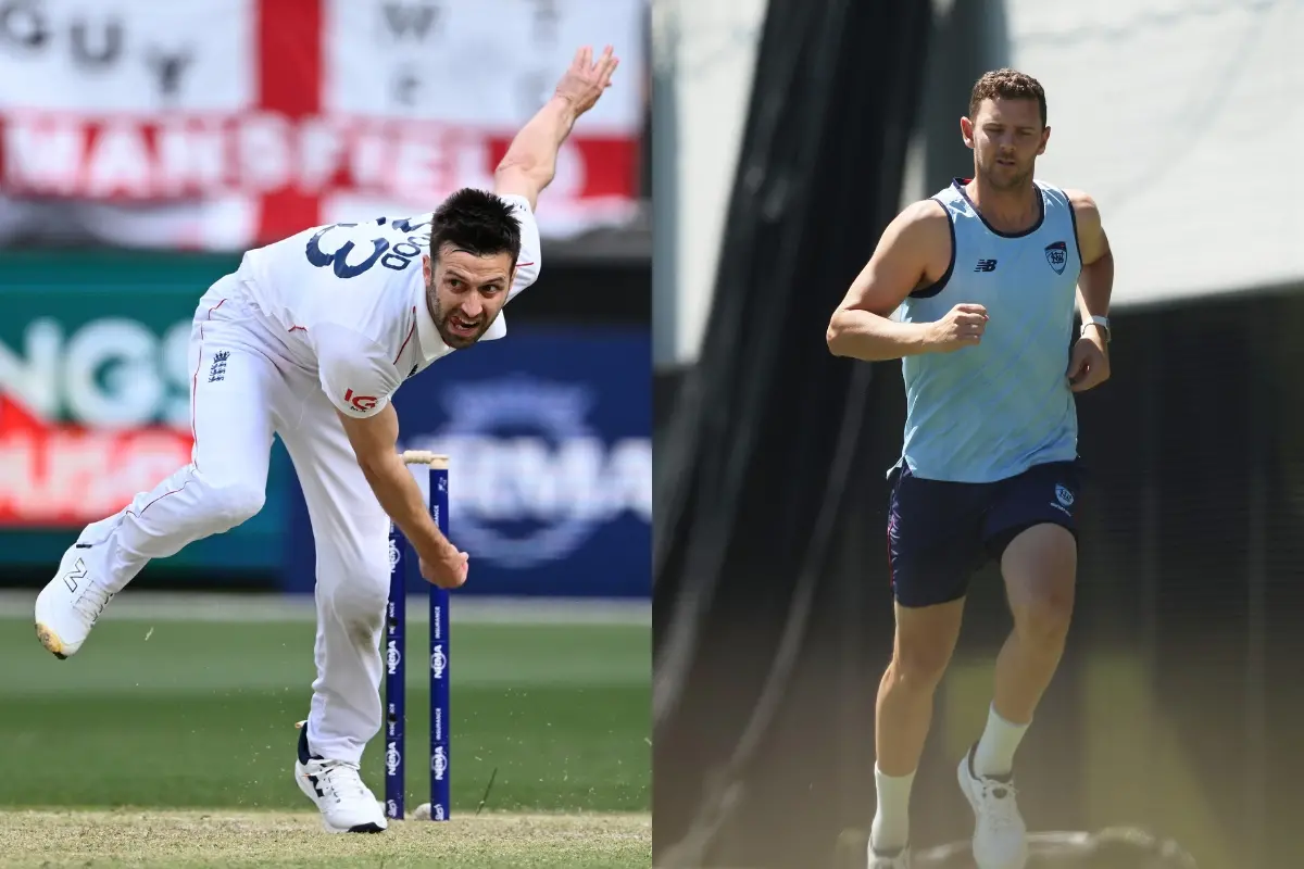 Mark Wood of England (L) and Josh Hazlewood of Australia | Photo: Gareth Copley and Mark Metcalfe/Getty Images