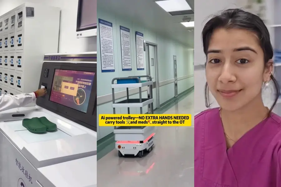 Indian student Pari shows automated shoe dispensers and AI surgery monitoring screens in a Chinese hospital.