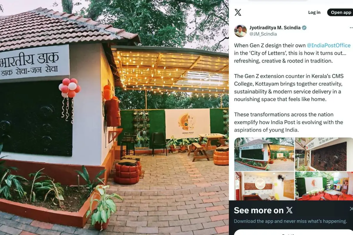 കോട്ടയം സിഎംഎസ് കോളേജിലെ ജെൻ സീ പോസ്റ്റോഫീസിനെക്കുറിച്ച് കേന്ദ്രമന്ത്രി ജ്യോതിരാദിത്യ സിന്ധ്യ എക്സില് പങ്കുവെച്ച പോസ്റ്റ്.|Photo: @JM_Scindia