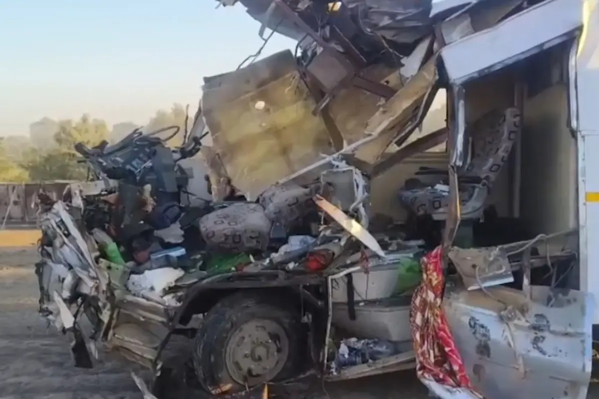 Screen grab from the vide: Four bomb squad personnel killed, one critically injured after police vehicle rams into truck | PTI