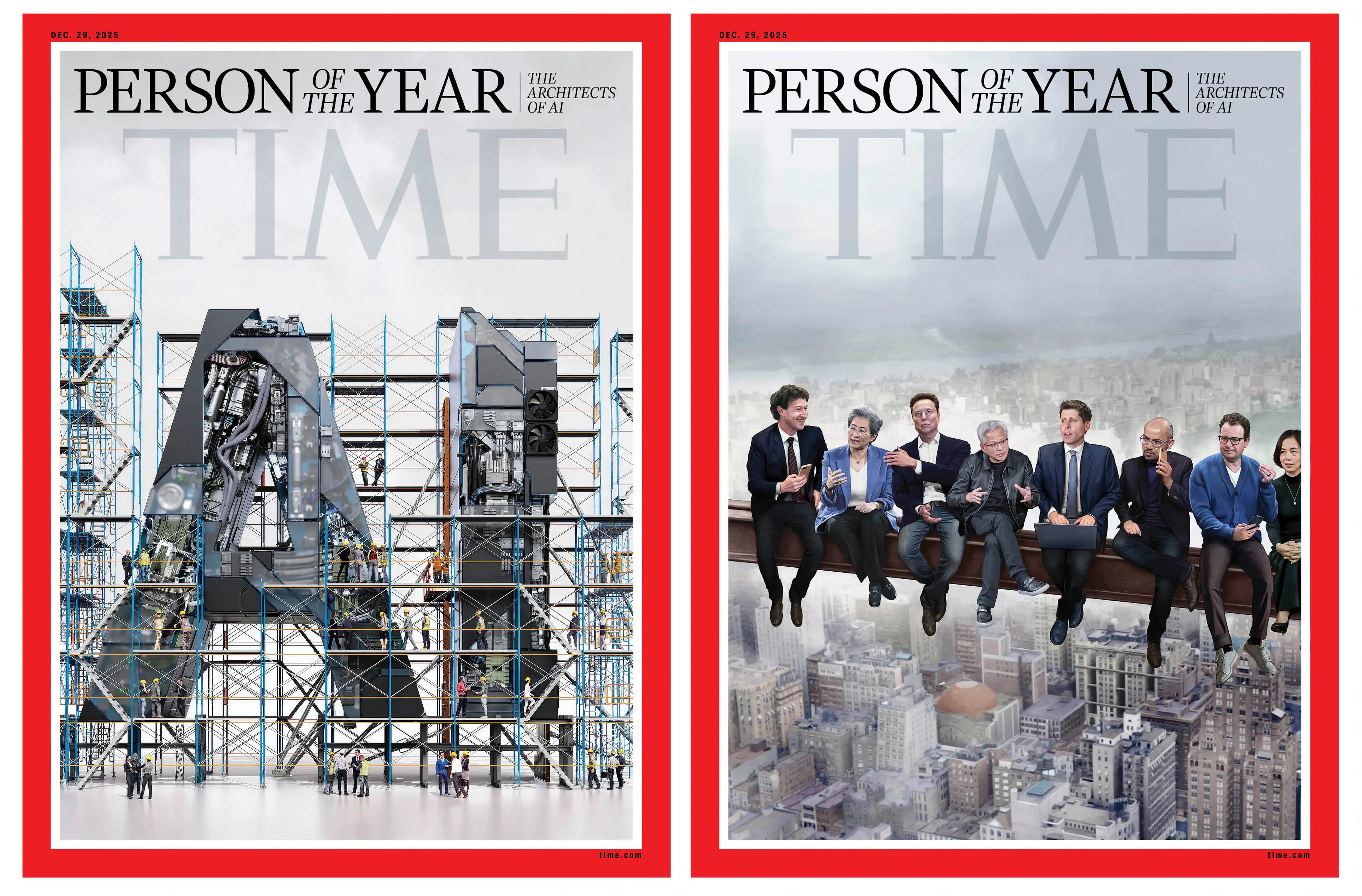These magazine cover images courtesy of TIME/TIME Person of the Year shows two covers of TIME Magazine announcing "Architects of AI" as the 2025 TIME Person of the Year