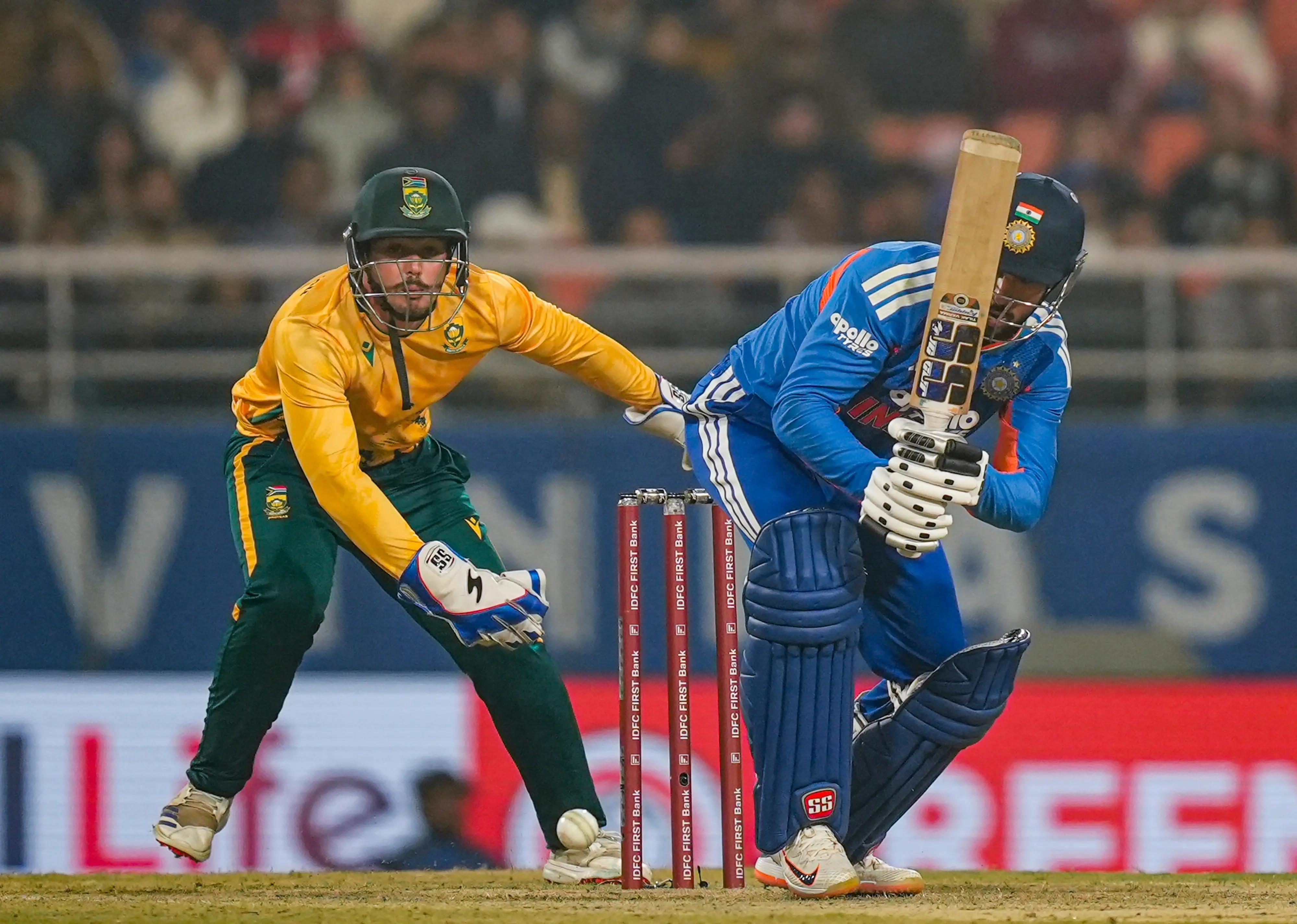 India's Tilak Varma plays a shot during the second T20 International cricket match of a series between India and South Africa, at Maharaja Yadavindra Singh International Cricket Stadium, in New Chandigarh | Photo: PTI