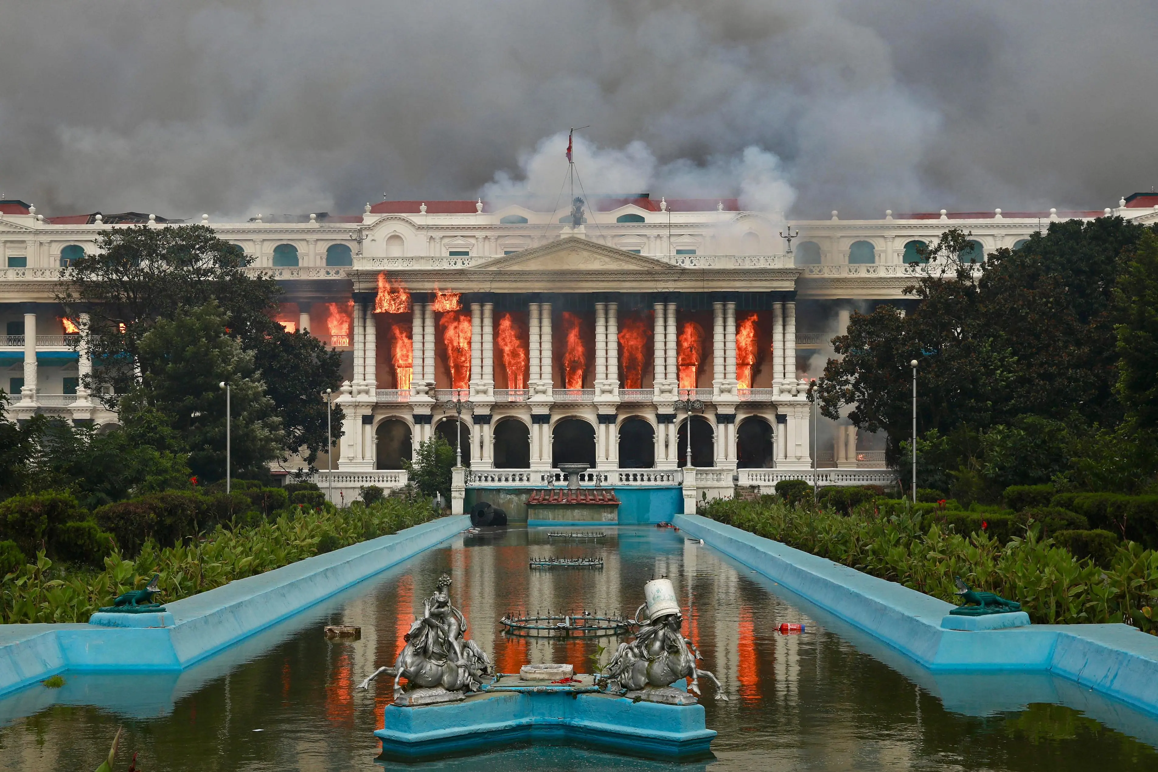 Fire rages through the Singha Durbar, the main administrative building for the Nepal government, in Kathmandu on September 9 | File photo: AFP