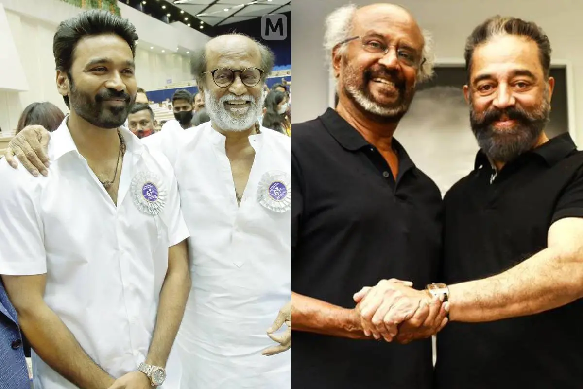 രജനീകാന്ത് ധനുഷിനൊപ്പം, കമല്ഹാസനൊപ്പം | Photo - Mathrubhumi archives, Kamal Haasan X